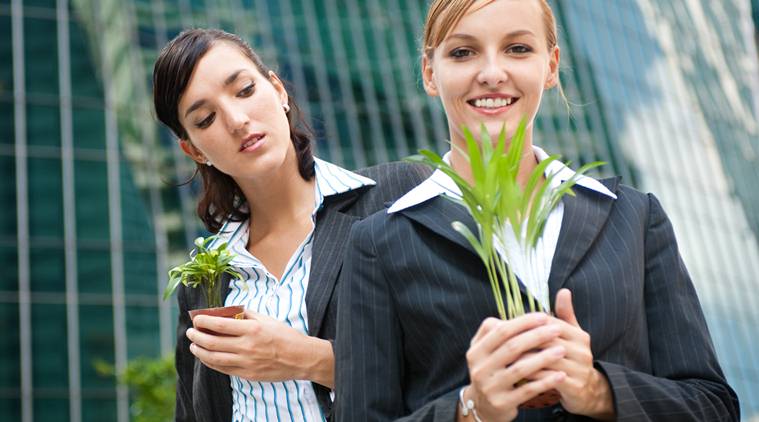 mulher segurando uma planta pequena olhando com inveja para outra mulher segurando uma planta grande