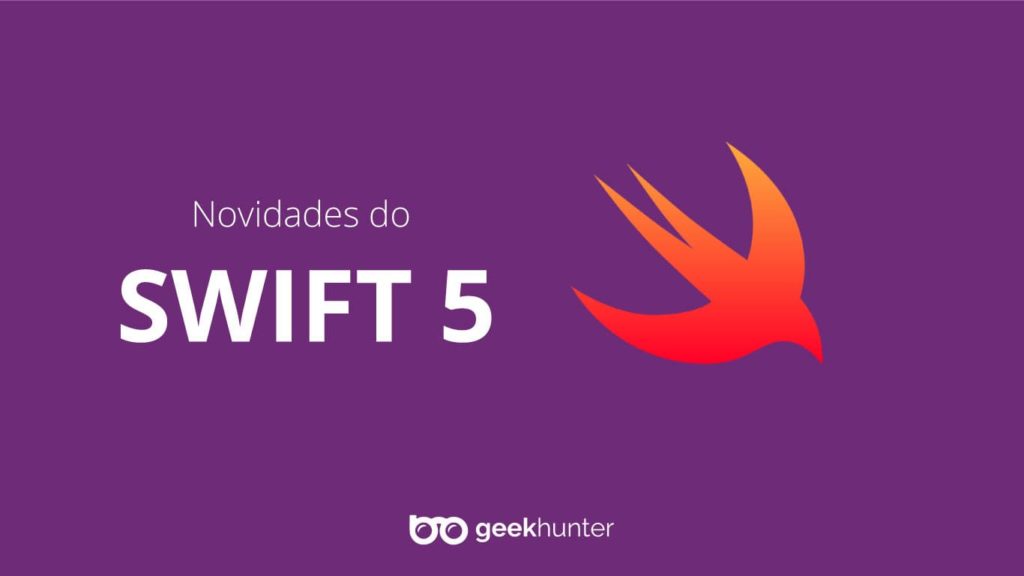 fundo roxo com logo da linguagem swift 5 e da geekhunter