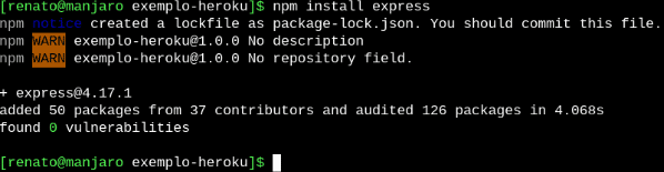instalando express e npm para usar a heroku