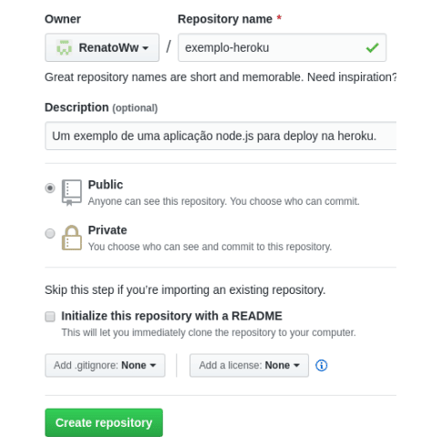 Exemplo de criação de um repositório no GitHub