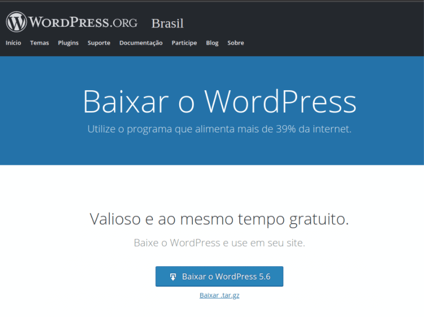Página do WordPress para baixar a versão 5.6.