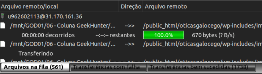 Progresso do upload dos arquivos para o site.