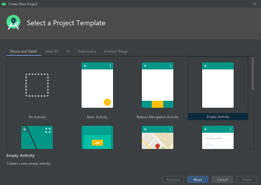 Template de projetos para iniciar um aplicativo de Kotlin no Android Studio.