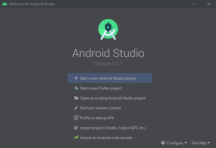 Tela de boas vindas do Android Studio.