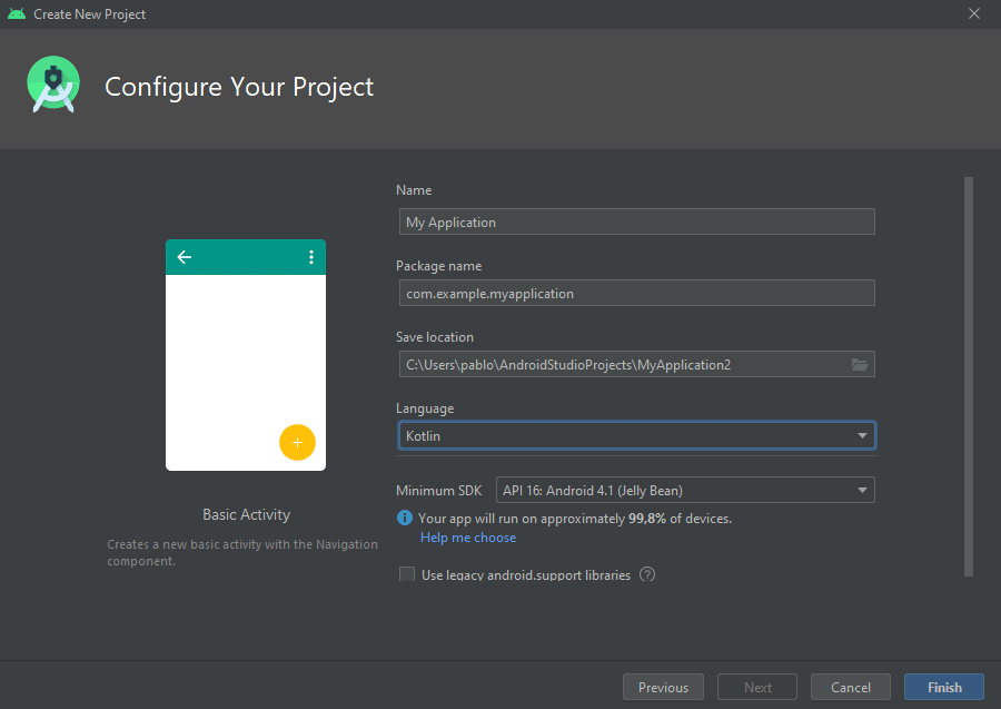 Tela de configuração do projeto no Android Studio.