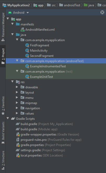 Estrutura de pastas expandida após criar um projeto básico no Android Studio.