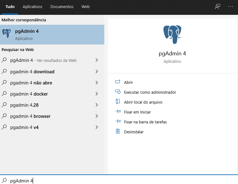 Pesquisa no Windows para a aplicação PgAdmin4