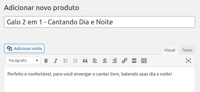 Adicionando um nome e uma descrição rápida do novo produto.