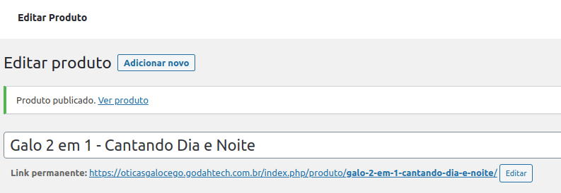 Tela de confirmação de produto publicado.