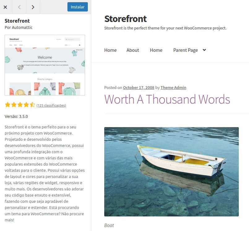 Datelhes do tema wordpress escolhido "Storefront".