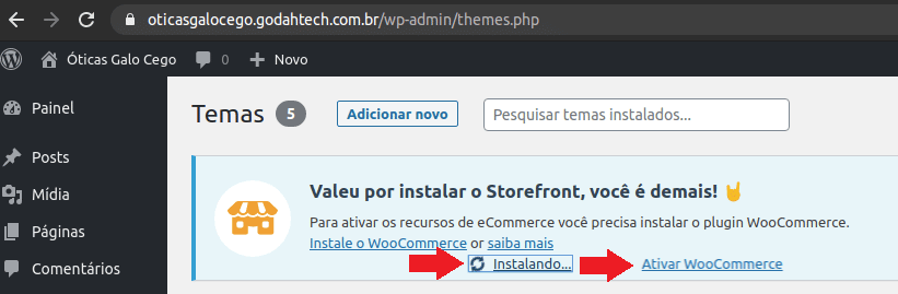 Cliques para ativar o WooCommerce.