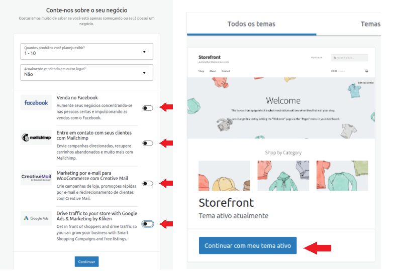 Seleção das integrações do e-commerce e do tema wordpress.
