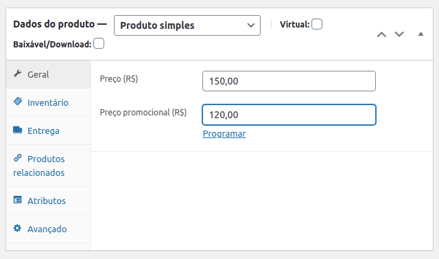 Tela para adicionar um preço ao novo produto do tema wordpress.