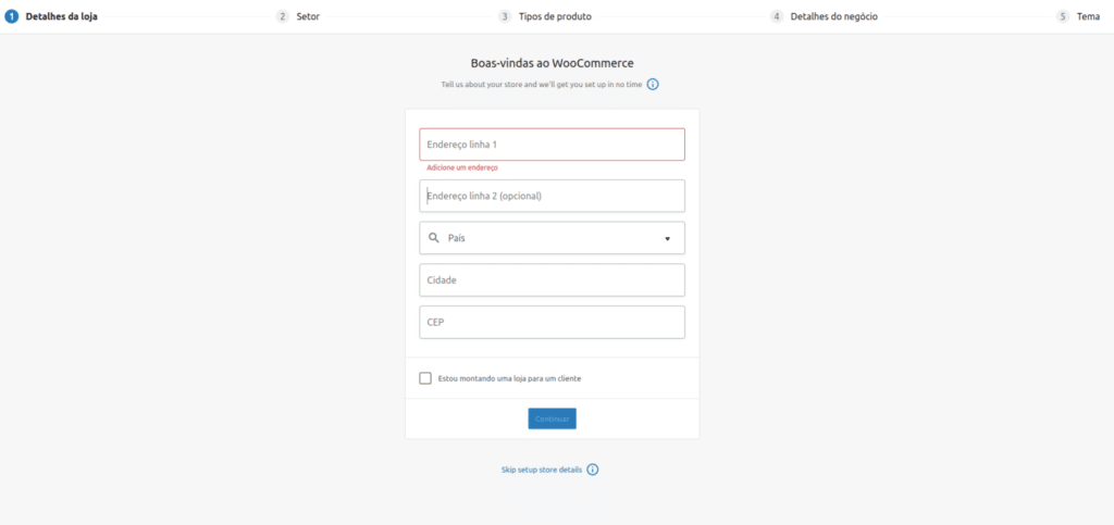 Tela de registro no WooCommerce.