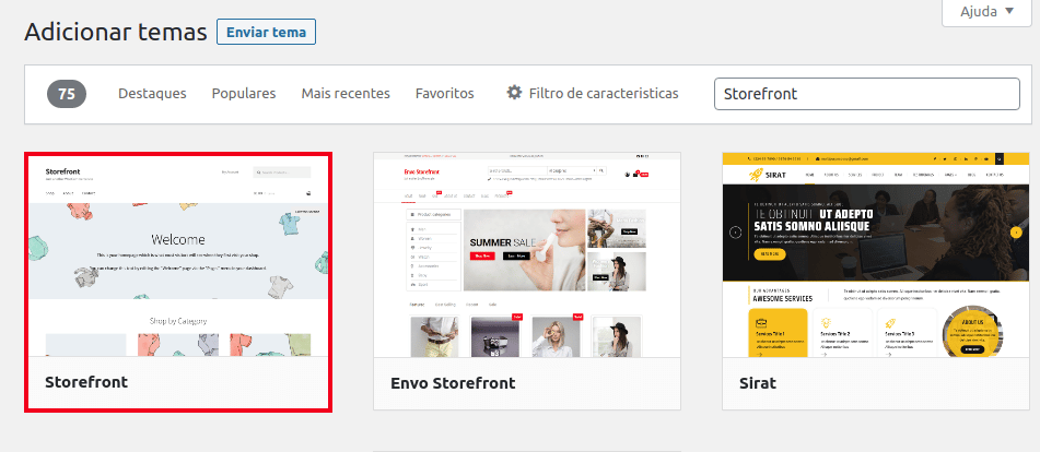Tema WordPress que vamos selecionar ase chama "Storefront".