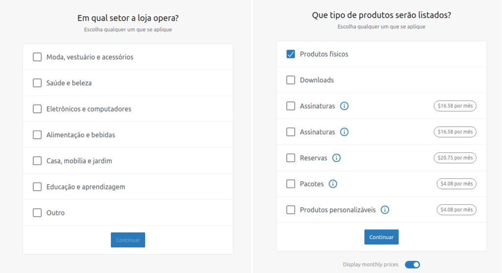 Seleção do setor da loja e tipo de produto que será vendido no e-commerce.
