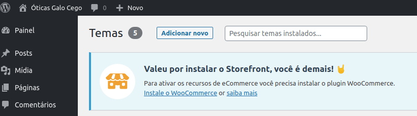 Tela de sucesso na ativação do tema WordPress, que solicita a instalação do Woocommerce.